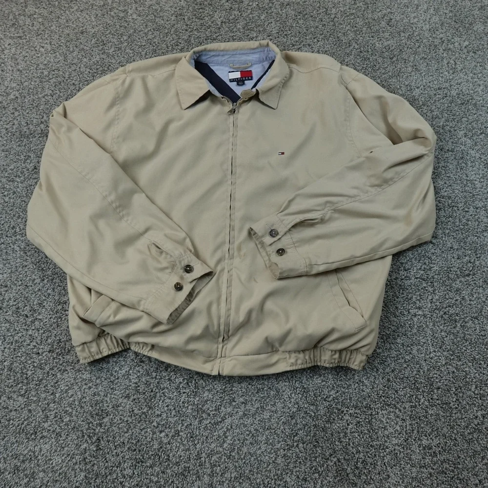VTG Tommy Hilfiger Jacket Mens L Beige Tan Full Zip Bi Swing Harrington Coat Y2K